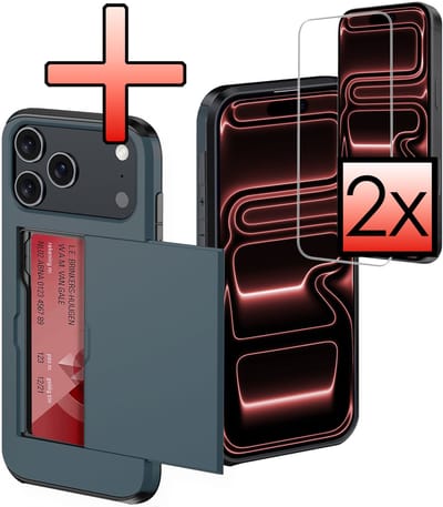 Hoes Geschikt voor iPhone 17 Pro Hoesje Pasjeshouder Hard Cover Met 2x Screenprotector Shock Proof Hard Case Hoes Met Kaarthouder - Donkerblauw