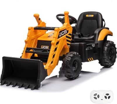 JCB Elektrische Tractor 12V 2 tot 6 jaar – Officieel Gelicentieerde Kindertractor met Functionele Voorlader – Accuvoertuig met Afstandsbediening, 3-puntsgordel & Soft-Start – Geel