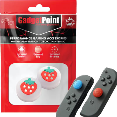 Gadgetpoint - Thumb Grips voor Nintendo Switch Joy-Con Controllers - Gaming Thumbgrips - Performance Anti-Slip Thumbsticks - Bescherming Accessoires - Aardbeien - Grijs met Rood