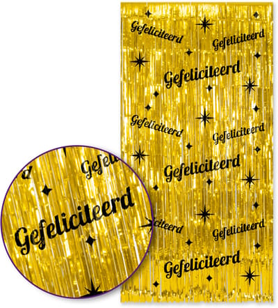Q2P – Gefeliciteerd Foliegordijn – Goud & Zwart – 100×200 cm – Zelfklevend – Verjaardag Versiering – Backdrop