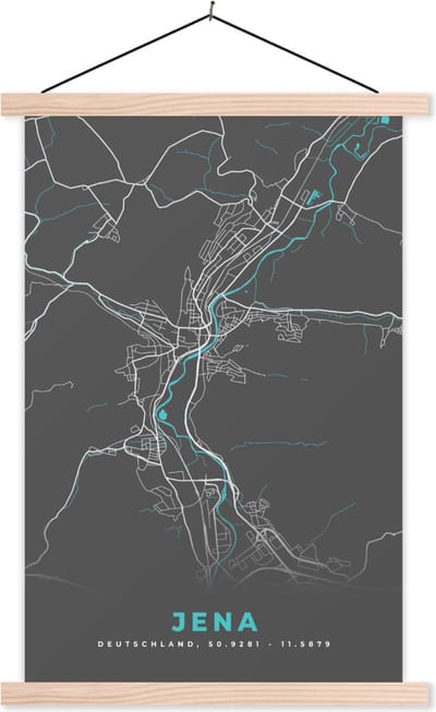 Posterhanger incl. Poster 40x60 cm - Schoolplaat - Stadskaart – Kaart – Jena – Blauw – Duitsland – Plattegrond - Textielposter - Blanke latten - Stadskaart