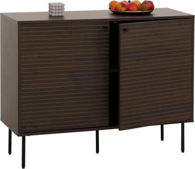 Dressoir 110 x 40 x 86 cm – Scandinavische Commode met 4 Deuren, Melamine Krasbestendig, Metaal Onderstel, Donkerbruin – Abkantoor