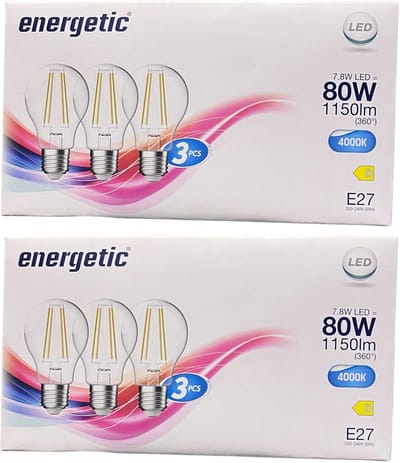 6 stuks (2 x 3) Energetic Filament LED lamp A60 (peer model) helder wit (4000 K) 7,8 Watt ( 80 w )