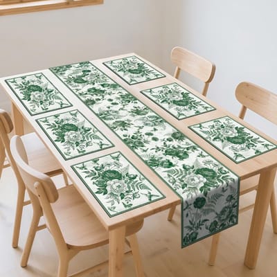 Retro Bloemen Botanische Tafelloper en Placemats Set van 6, Seizoensgebonden Lente Zomer Eettafel Decoratie Rustieke Cottagecore Groene Schets Thuis Eetinstellingen voor Thuis Keuken Party