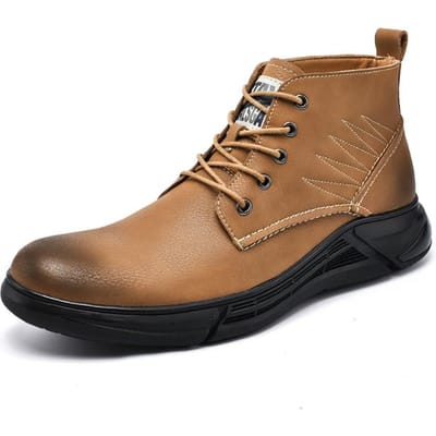 Nieuwe Leren Heren Laarzen Man Casual Luxe Mode Schoenen Heren Enkellaarsjes Heren Vetersluiting Ademend Comfortabel Outdoor Schoenen 40 bruin