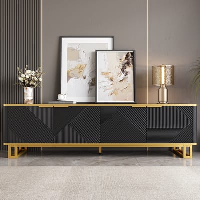 PHOEBE CAT TV-kast - 4 deuren - Geometrische textuur - Metalen frame - 160 x 37.5 x 48 cm - Zwart
