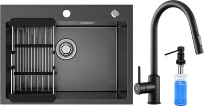 Sofetiy MAX Spoelbak Keuken 60x45cm - Spoelbakken Keuken Met Keuken Kraan en Zeepdispenser - Spoelbak Keuken met Kraangat - Spoelbak met Afdruipgedeelte - Antraciet