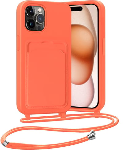 Hoesje Geschikt voor iPhone 14 Pro Max Hoesje Met Telefoonketting Pasjeshouder Case Koord - Hoesje Geschikt voor iPhone 14 Pro Max Hoes Met Kaarthouder - Papaya