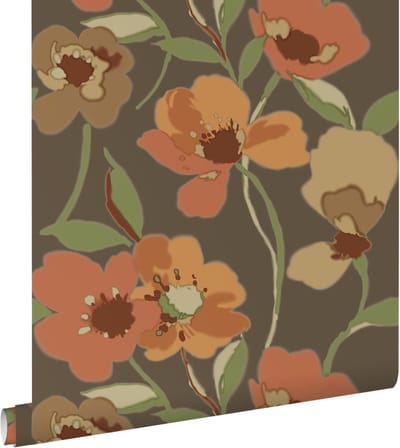 ESTAhome behang bloemen oranje en vergrijsd groen - 50 x 900 cm - 130990