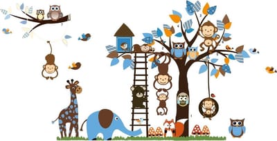 *** Kinderkamer Muurstickers - Creëer een wilde sfeer met onze Jungle Zoo muursticker - blauwe aap, olifant, giraffe, uil, vos, vogels, vogelhuisje, boom, takken, bladeren, paddestoelen en gras (186cm x 95cm) - van Heble® ***