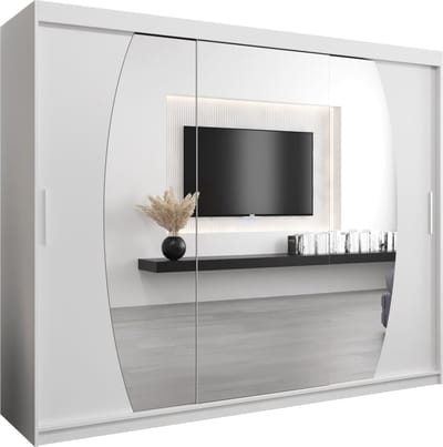 InspireMe - Kledingkast met 3 schuifdeuren, Modern-stijl, Een kledingkast met planken en een spiegel (BxHxD): 250x200x62 - GLOBE 250 Wit Mat