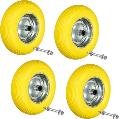 Set van 4 Lekvrije Kruiwagenwielen Massief Rubber PU 390mm Geel met Stalen Velg en As