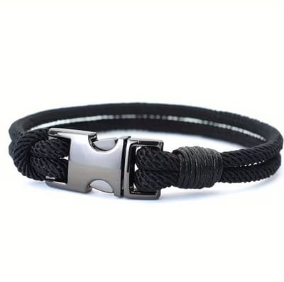 Heren armband – zwarte touwarmband met zwart metalen sluiting