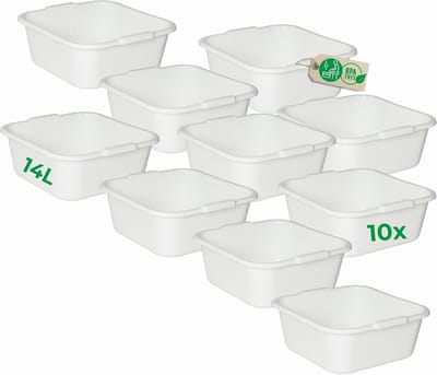 Novaliv 10x vierkante afwasbak 14L, 38x38 cm, wit, BPA-vrij & vaatwasserbestendig ? Ideaal voor keuken en camping, bad, grote plastic kom, vierkante waskom, wastobbe, afwasbak