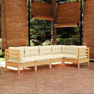 vidaXL - 5-delige - Loungeset - met - crèmekleurige - kussens - grenenhout
