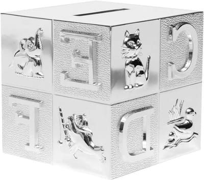 Spaarpot Kubus - Spaarpot Kinderen - Cadeau Doop - Verzilverd Geen Poetsen - 8x8x8 cm - ABC Kubus