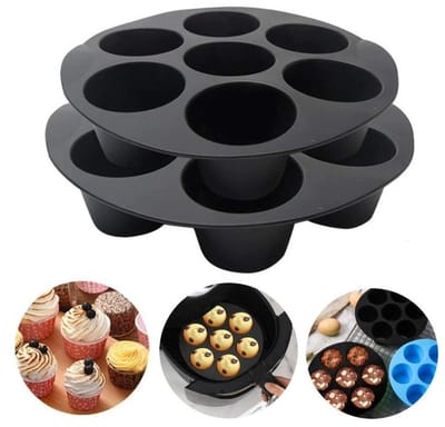 2-delige siliconen muffinvorm met 7 cupjes voor airfryer (3,5-5,8 liter), antiaanbakvormpjes voor muffins, ronde cupcakevormpjes voor thuisgebruik, ideaal voor het maken van mini-quiches, muffins, cakejes en taartjes (zwart - 17,5 cm)