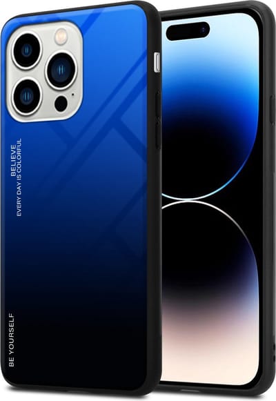 Cadorabo Hoesje geschikt voor Apple iPhone 14 PRO in BLAUW - ZWART - Tweekleurige beschermhoes van TPU-silicone Case Cover en achterzijde van gehard glas