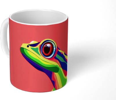 Mok - Koffiemok - Kikker - Kleurrijk - Strepen - Ogen - Mokken - 350 ML - Beker - Koffiemokken - Theemok