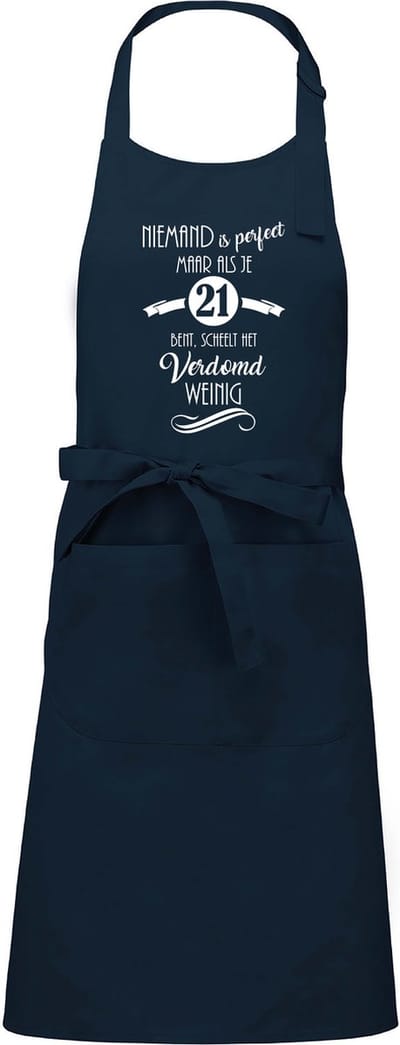 Cadeauschort - Tekstschort - Keukenschort - BBQ schort - verjaardag - vaderdag - moederdag - Niemand is perfect - 21 jaar - navy blauw