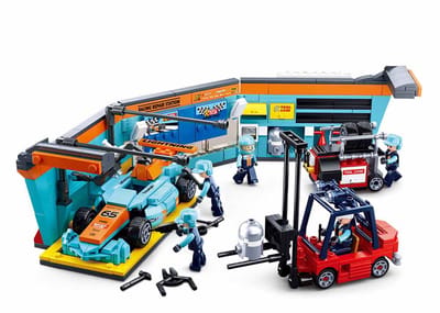 Sluban Formula 1 Pit Lane bouwspeelgoed kinderen vanaf 8 jaar – Constructiespeelgoed modelbouw race garage – bouwdoos met 555 bouwstenen en 5 minifiguren – M38-B0765
