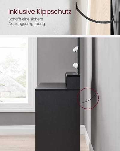 Kaptafel make up tafel met spiegel en gloeilampen, instelbare helderheid, cosmetische tafel met 2 lades en 3 open vakken, 80 x 40 x 145 cm, zwart