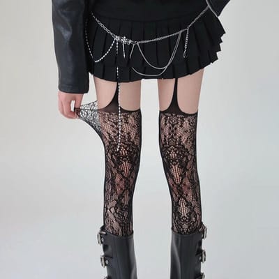 Nouveau Motif Bas Résille Marron pour Femmes Sexy Café Creux Hauts sur Cuisses Bas Longs Gothique Lolita Japonais Over The Knee One Size gray