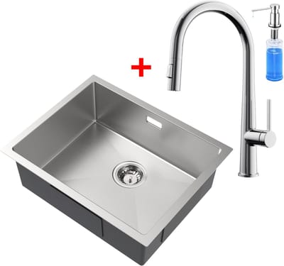 Auralum Max Spoelbak voor keuken 55x44cm - Spoelbak Keuken Met C-uitloop Keukenkraan en Zeepdispenser 300ML - Spoelbakken met sifon en overloopset - Enkele spoelbakken - RVS