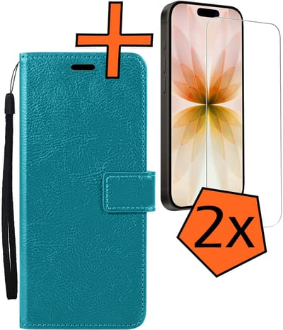 Hoes - Met 2x Screenprotector - Geschikt voor Apple iPhone 17 - Luxe Pasjeshouder - Bookcase Portemonee - Flip Case - Kunstleer Book Case - Flipcase Hoes - Book Cover - Walletcase - PortemonneeHoes - Turquoise