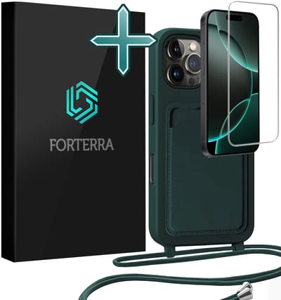 Hoesje Geschikt voor iPhone 16 Pro Pashouder Case Siliconen Hoes Met Koord Met Screenprotector - Hoes Geschikt voor iPhone 16 Pro Met Telefoonkoord Hoesje Back Cover Met Pasjeshouder - Donkergroen