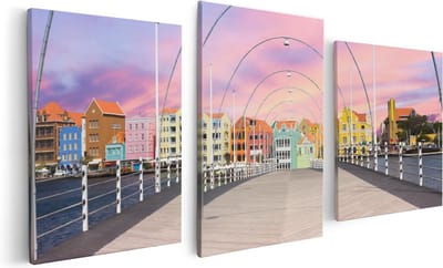 Artaza Canvas Schilderij Drieluik Willemstad Gekleurde Huisjes in Curaçao  - 120x60 - Foto Op Canvas - Canvas Print