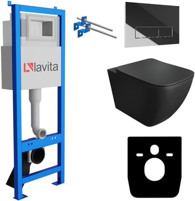 LAVITA® Inbouwreservoir Complete Toiletset LAV 101 - Inbouw WC Hangtoilet Wandcloset ONIL BLACK Zwart Mat - Bedieningsplaat 200.3.2 Chroom - Voorwandelement voor toilet 40cm - Installatiesysteem