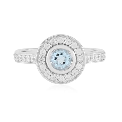 Cavill - Elegante Ronde Ring - 925 Sterling Zilver Geplatineerd - Hemelsblauwe Topaas 0,585 ct & Zirkonia 0,612 ct - Zilveren Sieraden Met Edelsteen