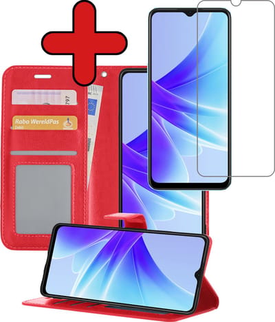 Hoesje - Met Screenprotector - Geschikt voor OPPO A17 - Luxe Pasjeshouder - Flipcase - Bookcase Portemonee - Flip Case - Kunstleer Book Case - Book Cover - Walletcase - Portemonneehoes - Telefoonhoes - Rood