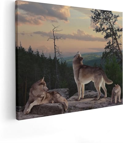 Artaza Canvas Schilderij Wolvenroedel - 50x40 cm - Wanddecoratie Bos - Muurdecoratie Wilde Dieren - Kamer Accessoires Natuur