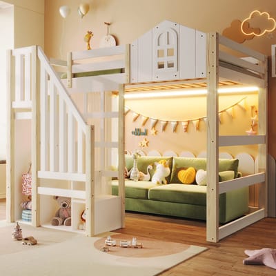 Hoogslaper 140x200 cm - Met LED En Raamvorm - Opbergtrap Met Open Vak - Hout - Wit en Naturel