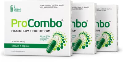 ProCombo – het slimme synbioticum met gerichte targeting van de "goede" bacteriën. Dubbele capsule en vloeibare formule voor snelle resultaten. 1 capsule per dag. Laboratorium getest. - 30 Capsules