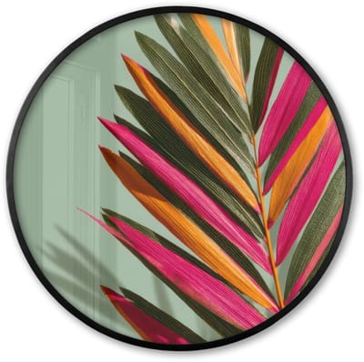 Poster in lijst Rond - Fotolijst 60x60 cm - Posters - Tak - Bladeren - Kleurrijk - Schaduw - Ronde posterlijst zwart - Decoratie - Wanddecoratie woonkamer - Muurdecoratie slaapkamer