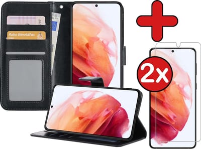 Hoesje - Met 2x Screenprotector - Geschikt voor Samsung Galaxy S21 - Luxe Pasjeshouder - Flip Case - Bookcase Portemonee - Kunstleer Book Case - Flipcase Hoes - Book Cover - Walletcase - Portemonneehoes - Telefoonhoes - Zwart