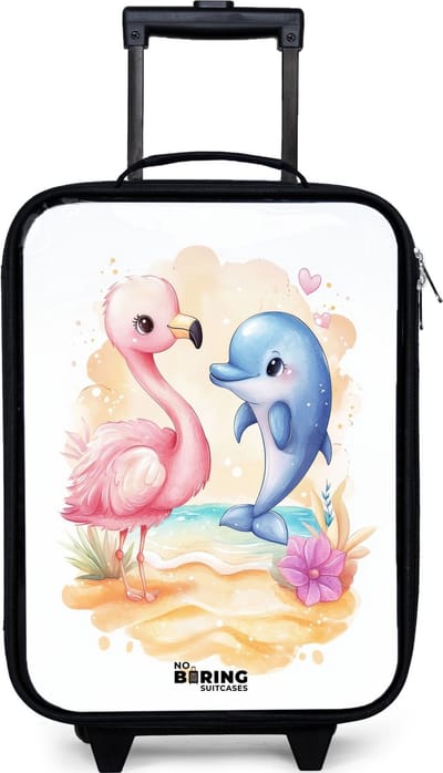 NoBoringSuitcases.com® - Kinderkoffer jongen - Kindertrolley meisje - Roze flamingo en blauwe dolfijn op een strand - Koffer kind lichtgewicht - Reiskoffer trolley voor kinderen - Koffertje met lichtgevende wieltjes - Rolkoffer zwart