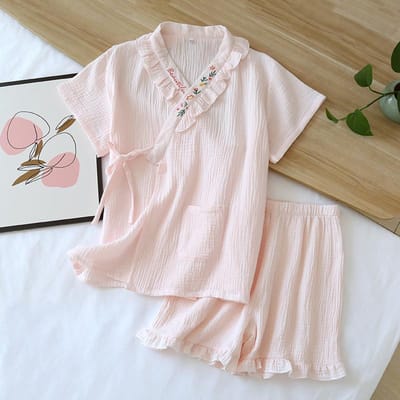Ensemble deux pièces kimono japonais d'été pour femme, pyjama à manches courtes et short, 100 % crêpe de coton, dentelle douce, vêtements d'intérieur XL rose