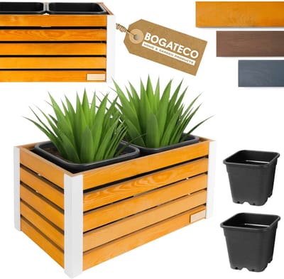 BOGATECO Houten Bloembak | Plantenbak | Bloempot 37x68x36 cm | Kruidenpot voor Thuis Tuin Balkon Terras | Pot met Kunststof Inzetstuk | Geïmpregneerd | Lichtbruin