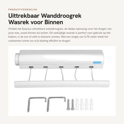 Dailygoods- Wanddroogrek Uittrekbaar 3,75 m - Wasrek Voor Binnen - Droogrek Voor Balkon - Flexibel Gebruik - 5 Lagen - Volledige Bescherming