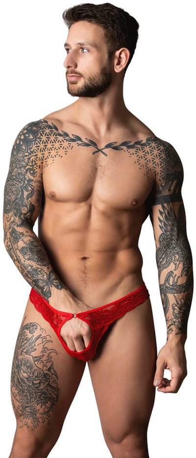 Male Power Sexy Open Ring Thong met Kobalt penisring - Rood - Maat L/XL