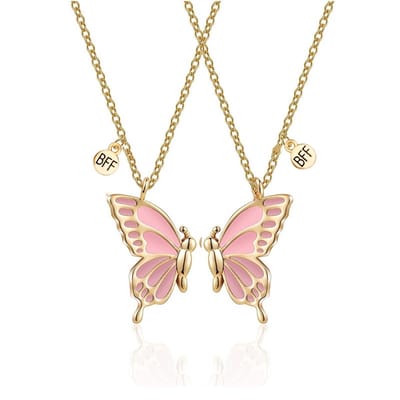 Bixorp Friends BFF Ketting voor 2 met Vlinders - Roze aan Goudkleurig Koord - Cadeau voor Haar / Dames / Vriendin / Mama / Vrouwen- Best Friends    voor Twee