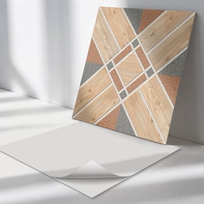 Wallfluent Vinyl Tegels - Geometrisch Patroon met Hout Vinyl Vloer Tegels - 30 cm x 30 cm - Bruin PVC Tegels - Set van 9 - Vierkant PVC Tegels - Texturen Plaktegels - Zelfklevende Vinyl Tegels - Plaktegels Keuken en Badkamer