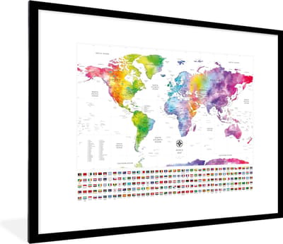 Poster in lijst - Fotolijst 80x60 cm - Posters - Wereldkaart - Waterverf - Regenboog - Vlag - Posterlijst zwart - Decoratie - Wanddecoratie woonkamer - Muurdecoratie slaapkamer