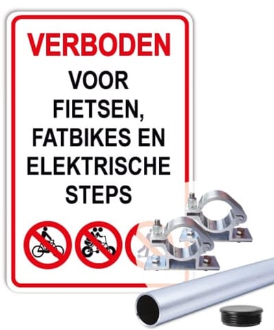 Bord Verboden voor fietsen, fatbikes en steps - Weerbestendig Aluminium - 30x45 cm - Bevestiging: Met paal 150 cm + paalbeugels + paaldop