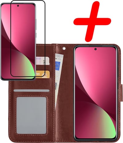 Hoesje Met Screenprotector - Geschikt voor Xiaomi 12 - Luxe Pasjeshouder - Bookcase Portemonee - Flip Case - Kunstleer Book Case - Flipcase - Book Cover - Walletcase - Portemonneehoes - Bruin