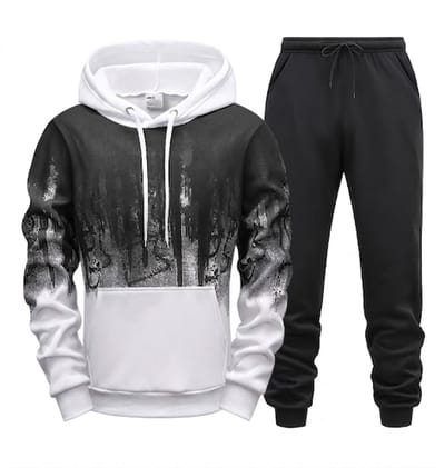 Wit zwart fitness trainingspak heren hoodie en jogging broek sport pak met capuchon trekkoord elastische tailleband trainings set vrijetijds pak maat M